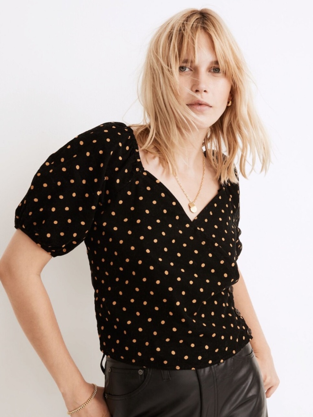 Corduroy Puff-Sleeve Wrap Top in Oval Dot - XS - Pre-Owned